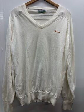 Sahara Men's Cream V-Neck Sweater Orange 'Miami Hurricanes Embroidery Vintage